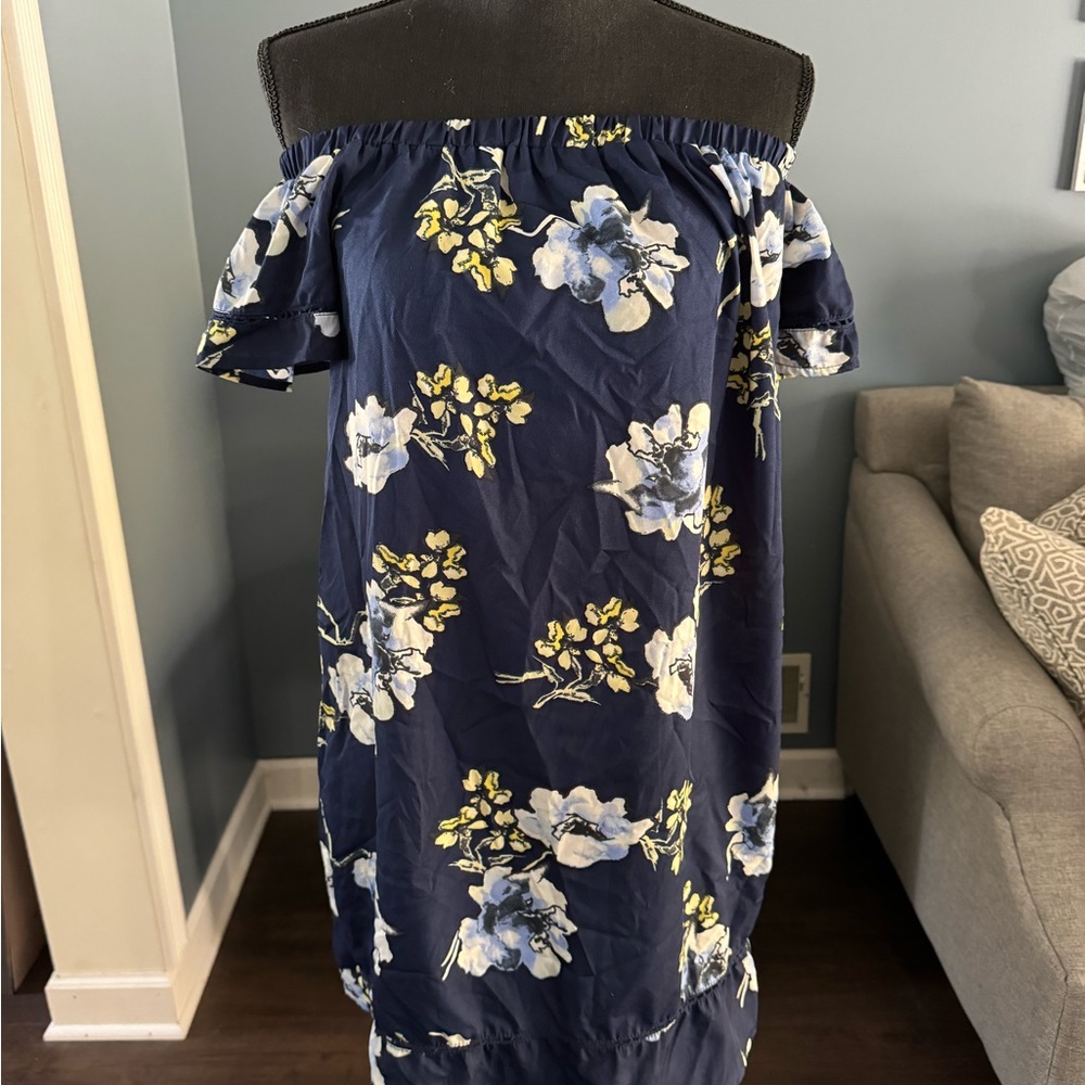 Primark navy blue floral off shoulder dress